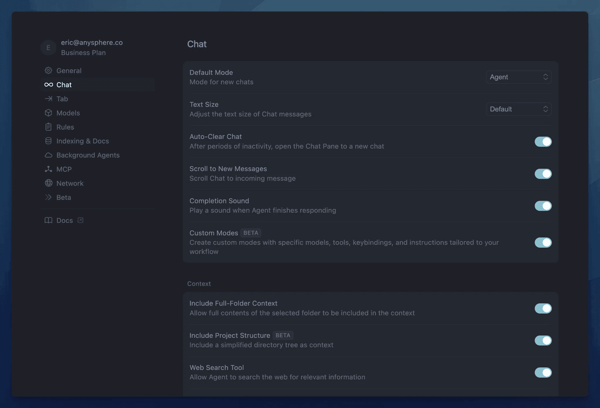 Settings in Cursor